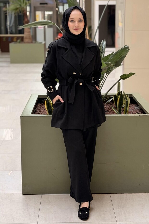 Gold Button Detailed Double-Breasted Collar Navi Suit with Trousers
