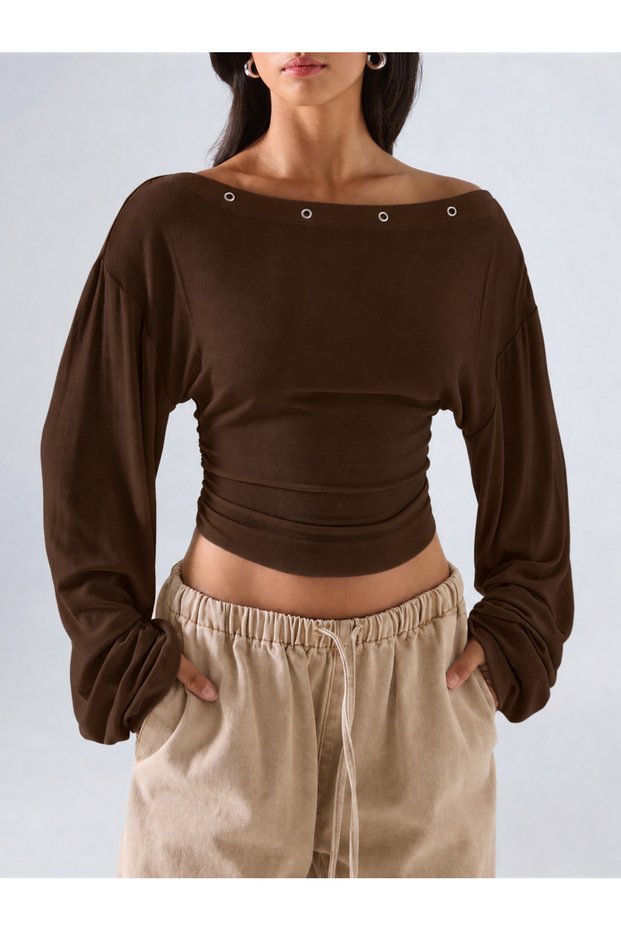 Metal Detailed Boat Neck Draped Long Sleeve Crop Blouse
