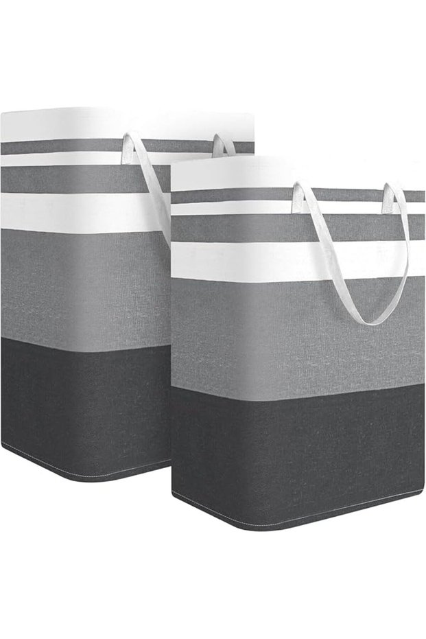 Large Foldable Laundry Basket,with Reinforced Handle(Gray Stripe)
