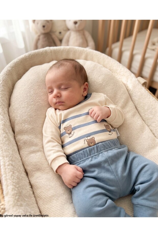 Baby Boy Teddy Bear Printed 100% Cotton 3-6-9-12 Months Striped Seasonal Double Baby Set