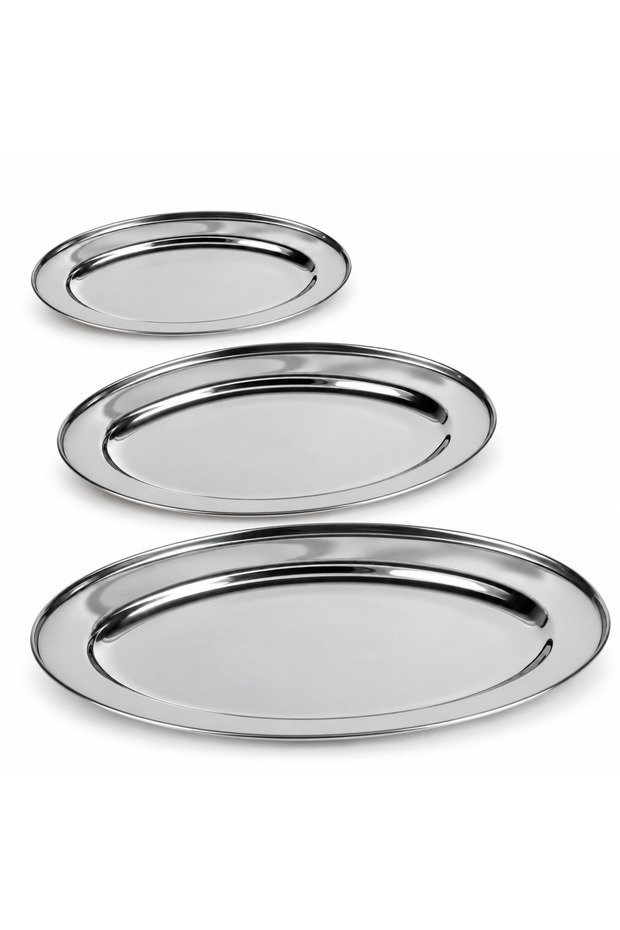 Stainless Steel Oval Serving Tray Set 3 Pieces 35cm 45cm 60cm Stackable Dishwasher Safe Silver
