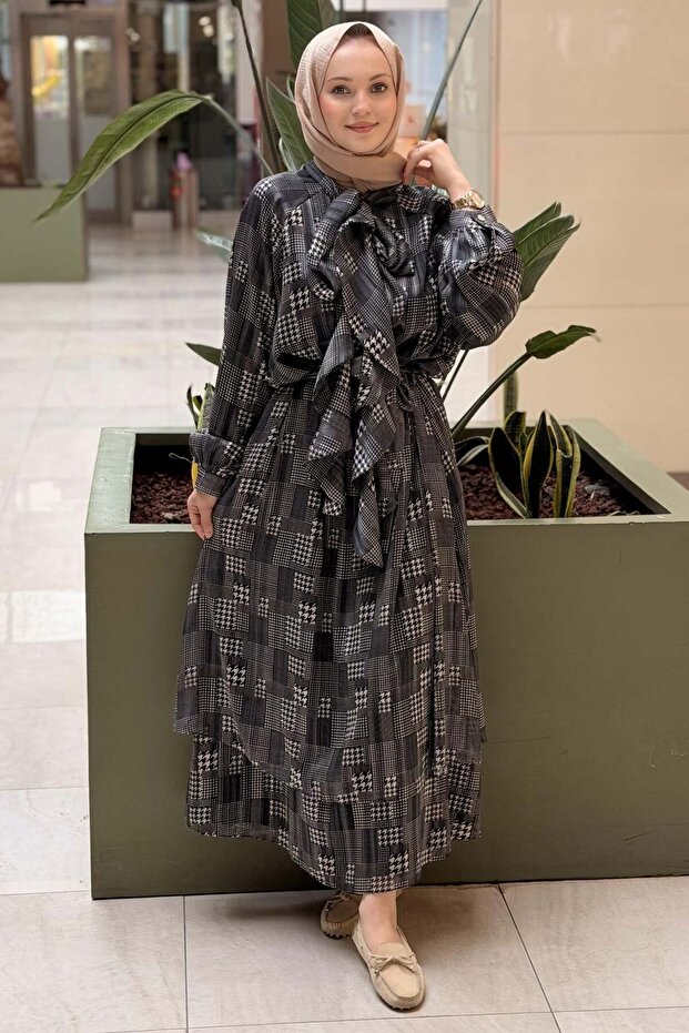Ruffled Shawl Collar Patterned Belted Dress