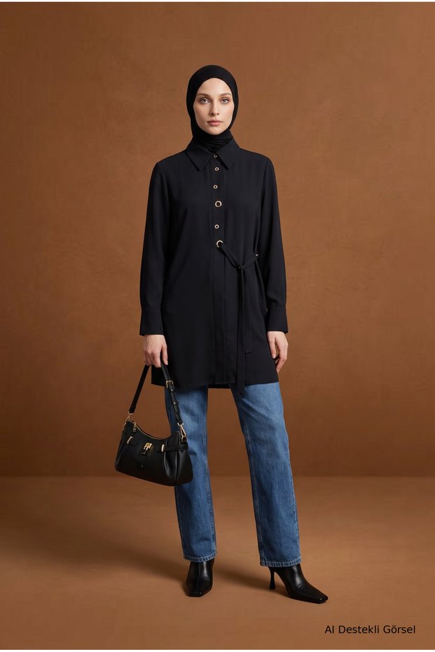 Shirt Collar Eyelet Detailed Belted Tunic 91 cm Length Black 26Kt431