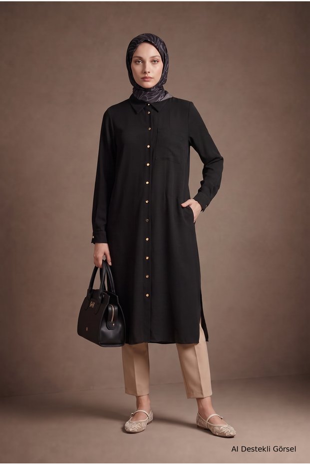 Buttoned Pocket Detailed Shirt Collar Tunic Black 26Kt461