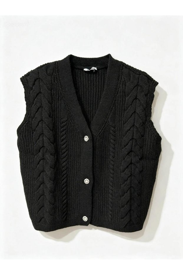 V-Neck Hair Braided Stone Buttoned Women's Knitwear Vest Cardigan