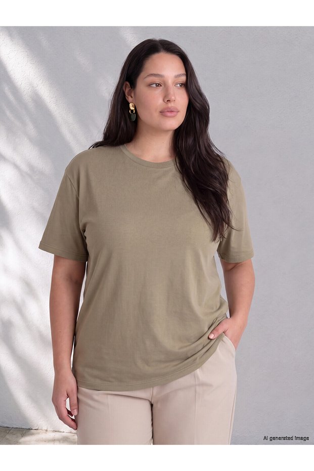 Two Mt Shop Quality Lcw Curve Khaki Combed Cotton Plain Loose & Baggy Short Sleeve Women's T-Shirt