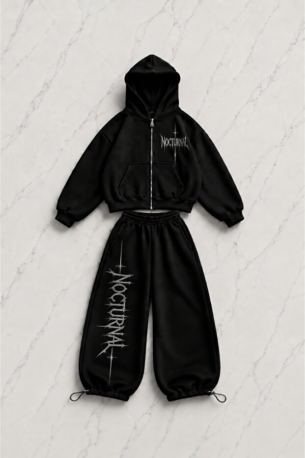 Nocturnal Printed Black Oversize Cardigan & Sweatpants Set