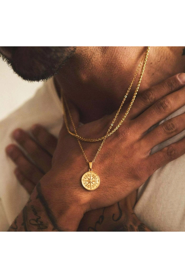 gold Compass Necklaces for Men, Layering Stacked Cuban Figaro Chain Necklaces, Casual Sailing Holida