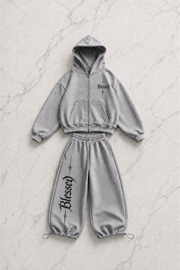 Blessed Text Printed Gray Oversize Cardigan & Sweatpants Set