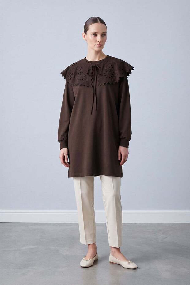 Scalloped Collar Cutout Lace Detailed Tunic Brown