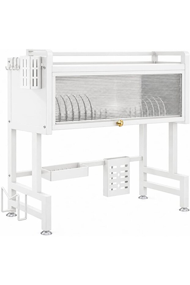 Over the Sink Dish Drying Rack with Dustproof Cabinet, 85 cm Carbon Steel Kitchen Organizer with Cutlery Holder, Knife Rack, Cutting Board Holder and 6 Hooks