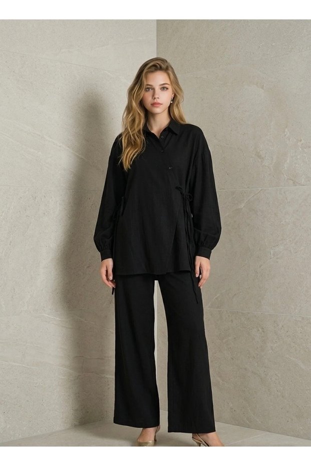 Cross Buttoned Tunic Double Set Black