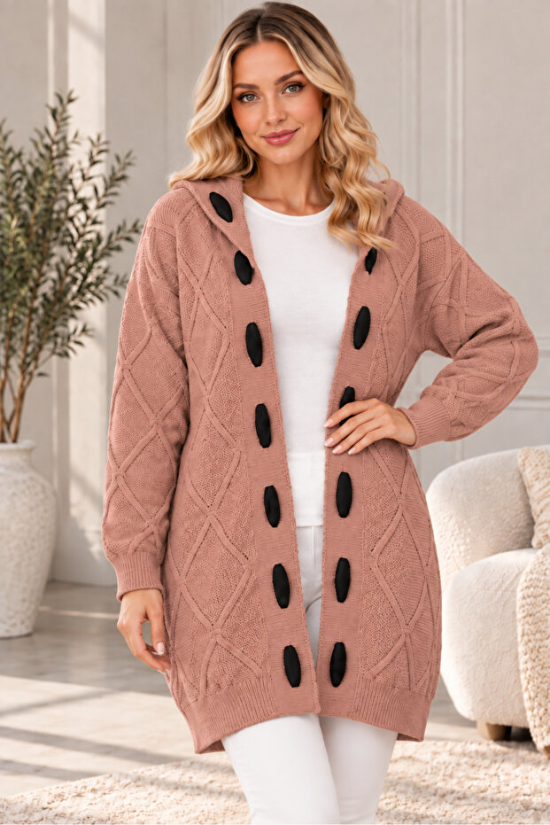 Women's No-Closure Long Sleeve Hooded Diamond Pattern Stripe Detailed Elegant Relaxed Fit Soft Textured Daily Cinnamon Knitwear Cardigan
