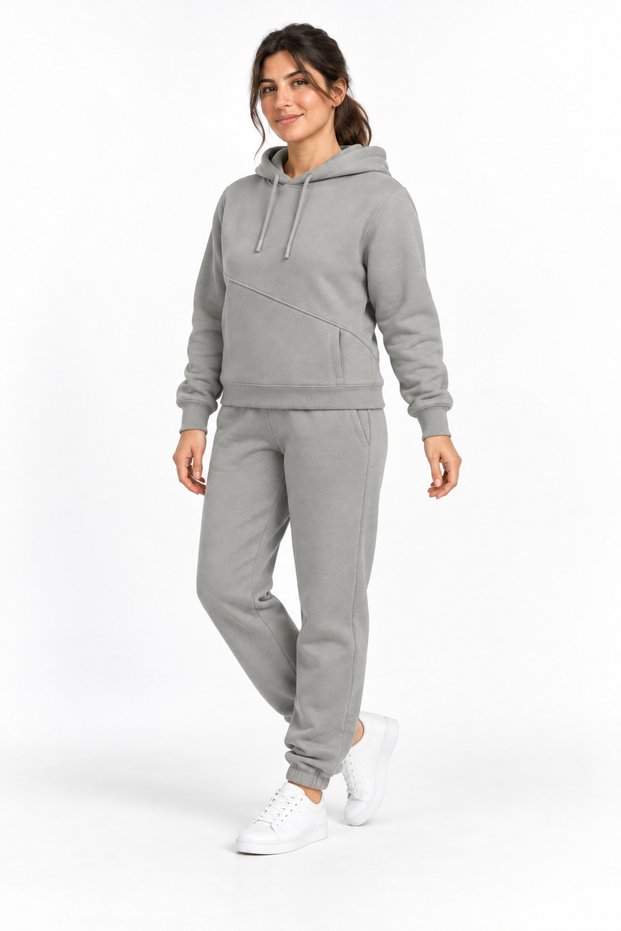 Winter 3 Thread Grey Women's Tracksuit Set with Hood, Side Pockets and Fleece Inside