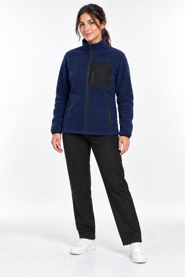 Women's Navy Blue Fleece Jacket with High Collar, Front Pockets and Zipper