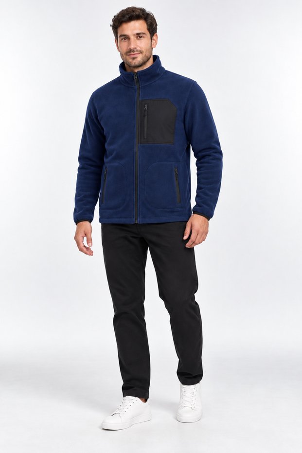 Full Zipper, 3 Pockets, Stand Collar, Front Detail, Winter Navy Blue Men's Fleece Jacket