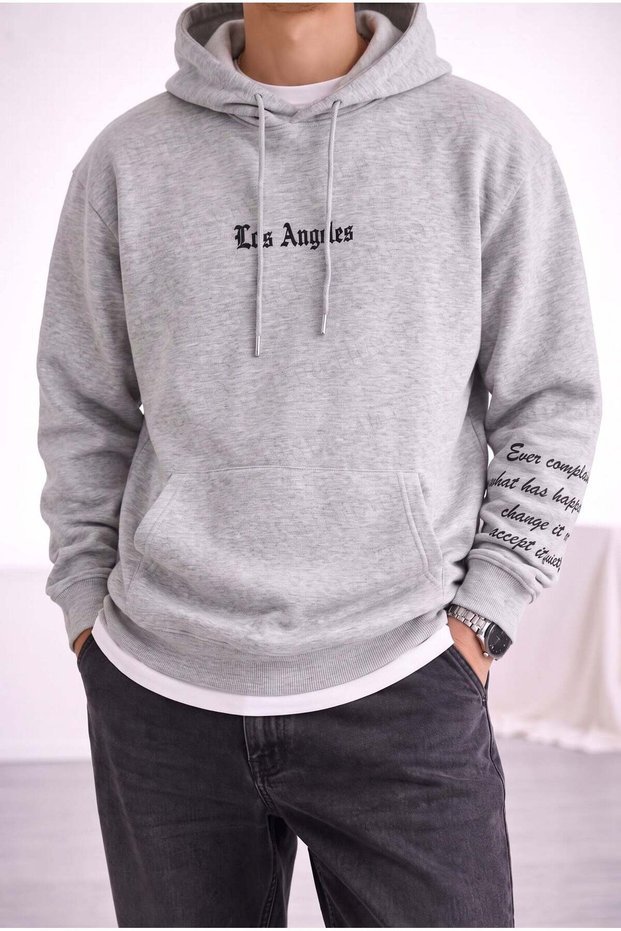 Men's Gray Los Angeles Printed Hooded 3 Three Thread Fleece Oversize Sweatshirt Hoodie with Kangaroo Pocket
