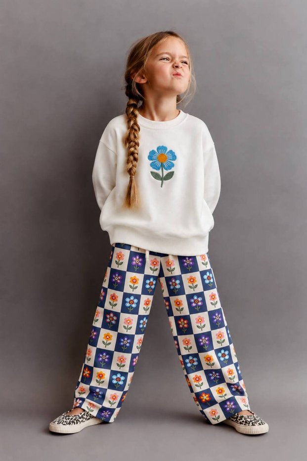 New Season Floral Patterned Wide-Legged Girls' Top and Bottom Set
