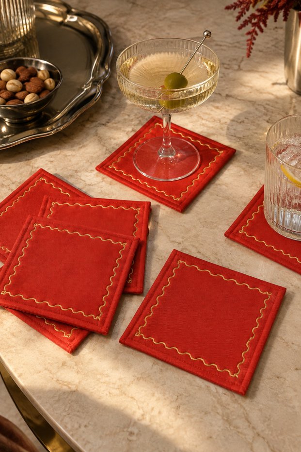 6 Pieces of Linen Fabric with Gold Embroidery Coasters & Coffee and Cocktail Napkins