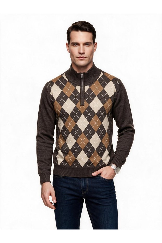 Men's Diamond Patterned Half-Zipper Stand Collar Knitted Sweater
