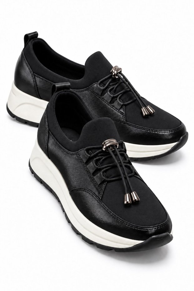 Stretchy Elastic Women's Shoes; Black Shiny