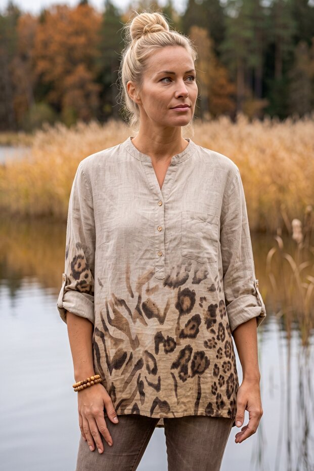Italian Beige Judge Collar Long Sleeve Leopard Patterned Half Placket Pocketed Linen Look Woven Blouse 75 60