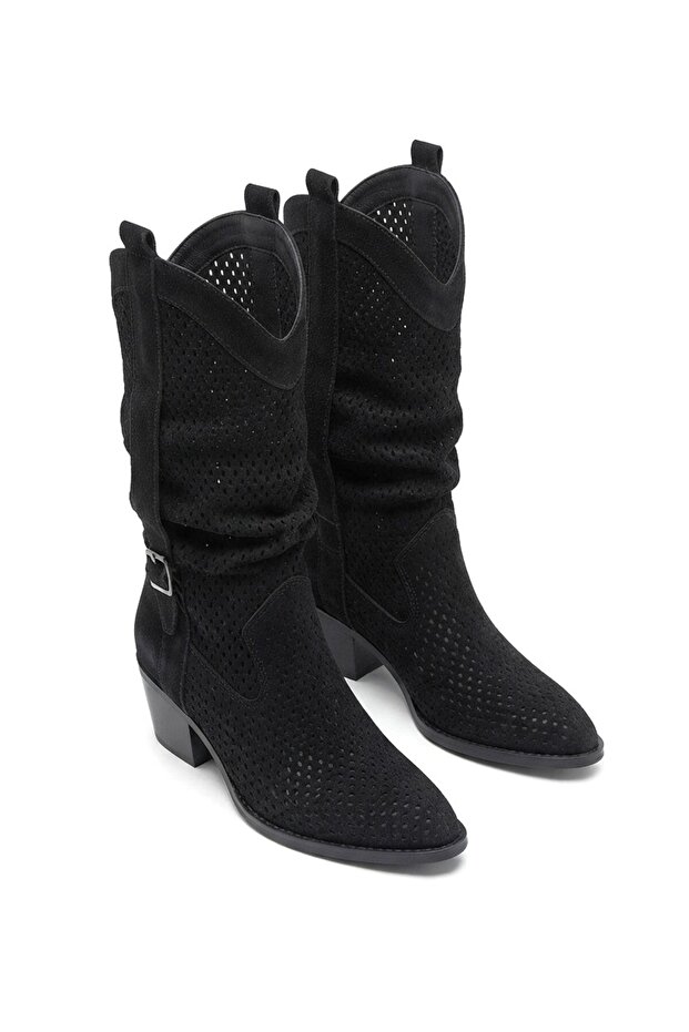 Meria Premium Black Suede Laser Cut Cowboy Heeled Boots