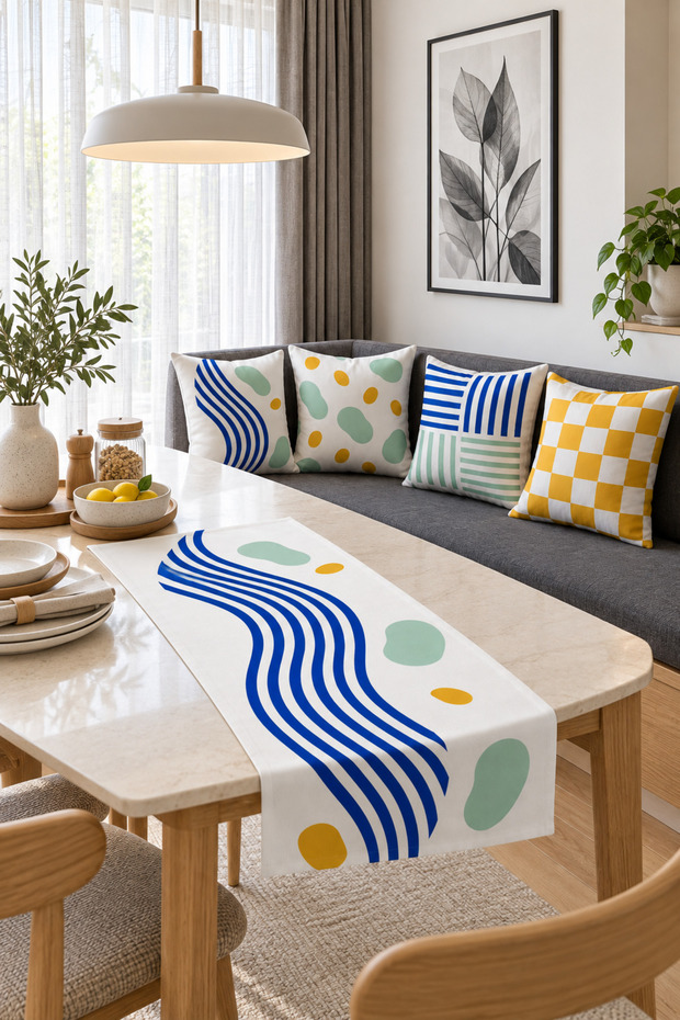 Blue Green Mustard Abstract Modern 4-Piece Throw Pillow Cover Runner Set