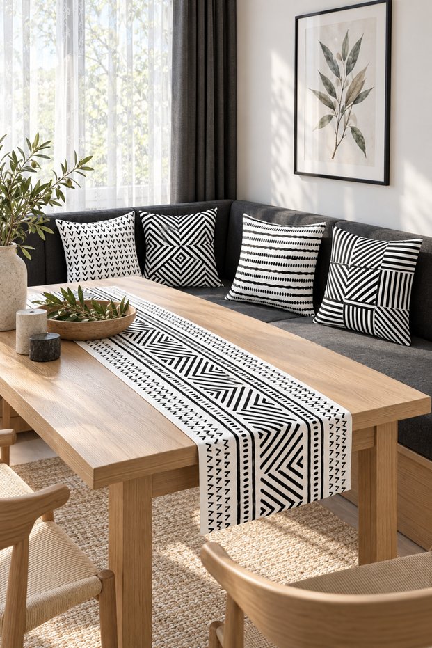 Black and White Ethnic Geometric 4-Piece Throw Pillow Cover Runner Set