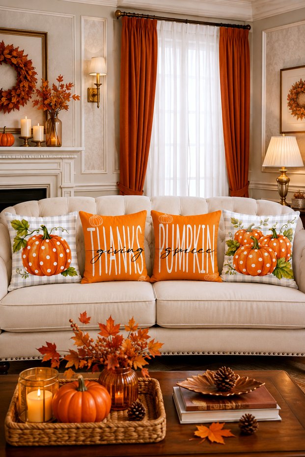 Hello Fall Pumpkin Plaid Autumn 4-Piece Throw Pillow Cover Runner Set