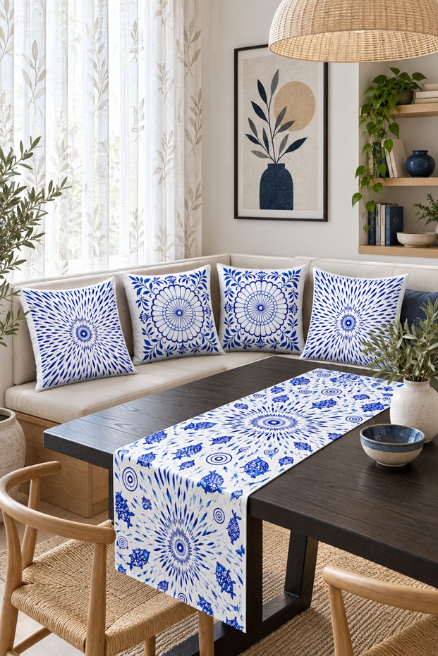 Blue and White Marine Fish Patterned 4-Piece Throw Pillow Cover Runner Set