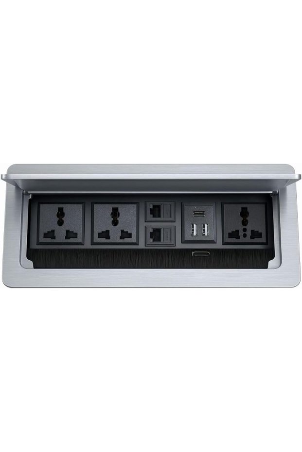 Power Socket Box for Conference Table – Desk Mount Extension Hub with Universal Plug, USB-C, HDMI, LAN, Phone – Black Office Connectivity Box (SILVER)