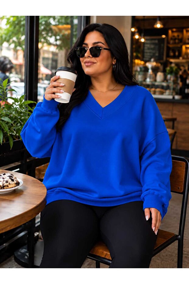 3 Yarn Combed Cotton Plus Size V-Neck Sweatshirt Aow1