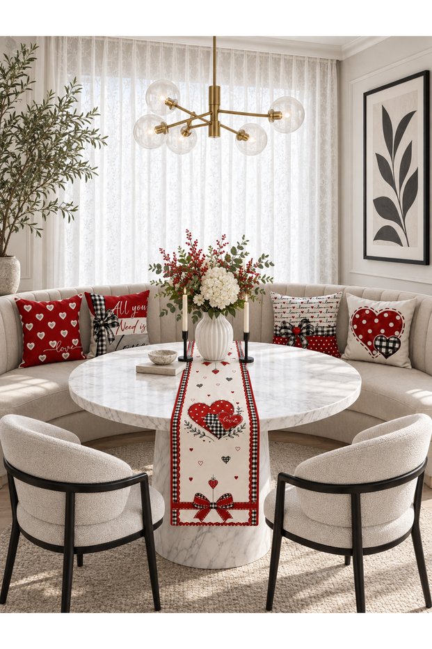Red Heart Black and White Plaid Love 4-Piece Throw Pillow Cover Runner Set