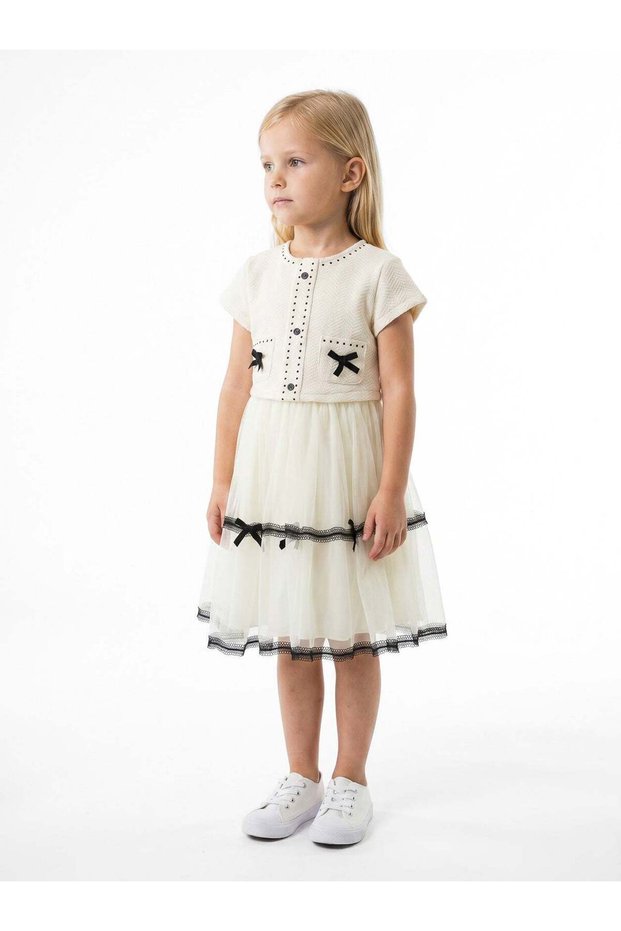 Black Bow and Ribbon Detailed Tulle Princess Model Children's Dress 3-7 Years 4427-1