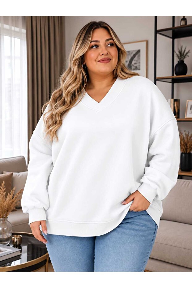 3 Yarn Combed Cotton Plus Size V-Neck Sweatshirt Aow4
