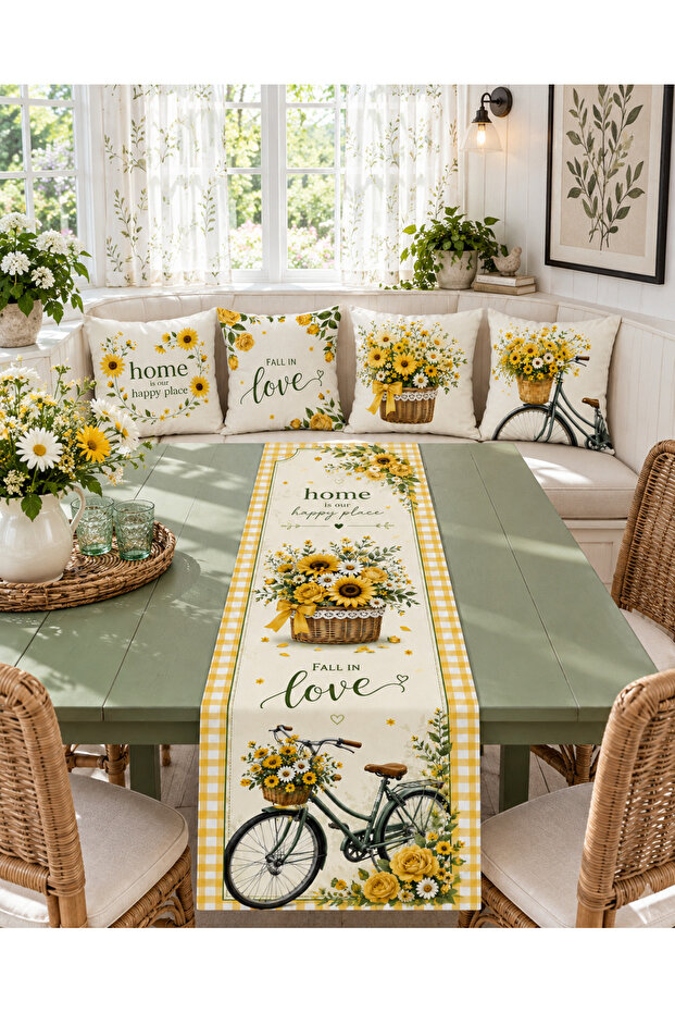 Yellow Sunflower Bicycle and Flower Basket 4-Piece Throw Pillow Cover Runner Set