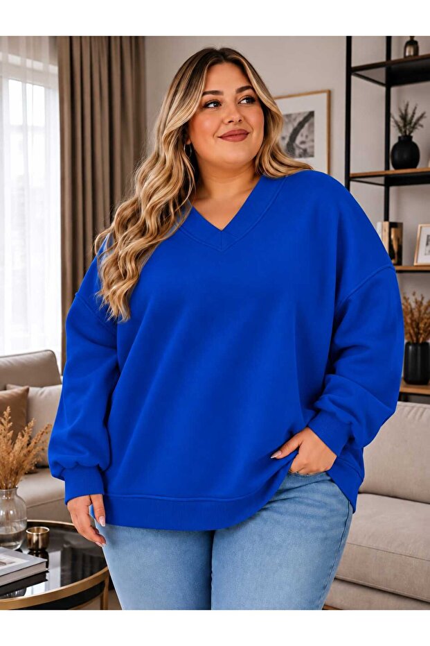 3 Yarn Combed Cotton Plus Size V-Neck Sweatshirt Aow4