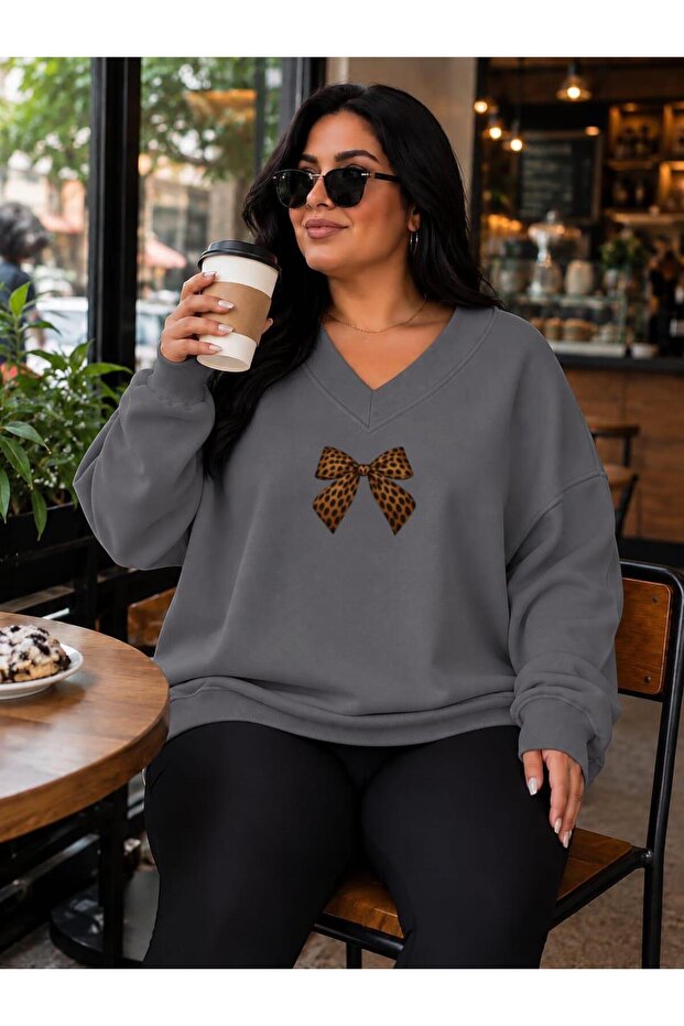3 Yarn Combed Cotton Plus Size Ribbon Printed V-Neck Sweatshirt Aow3