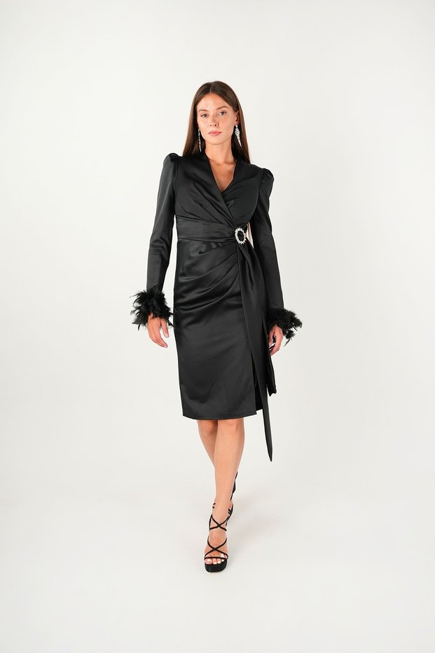 Satin Fabric Otrish Detailed Pencil Dress - Black