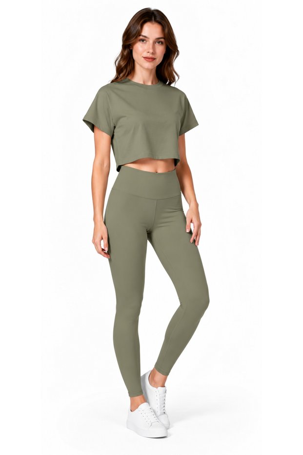 Women's Sportswear Top and Bottom Set – High-Waisted Leggings and Flowy Crop T-Shirt Fitness Set