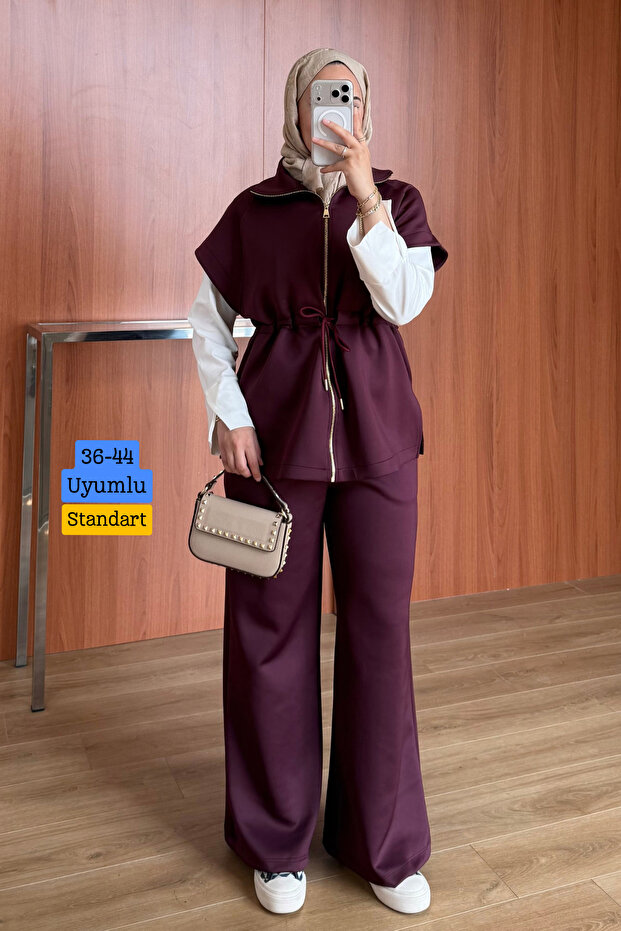 Women's Scuba Fabric Zippered Vest and Wide Leg Pants Islamic Clothing 2-Piece Set 3902 Claret Red