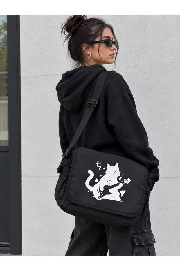Unisex Black Guitar Playing Cat Printed Messenger Bag with Strap for School and Daily Use Shoulder Bag