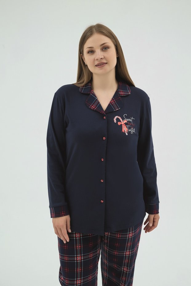 17214 Women's Big Size Buttoned Printed Pajama Set