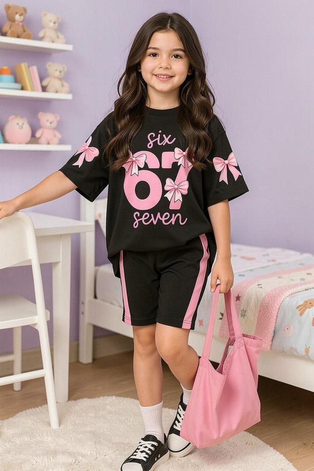 Girl's Printed Shorts Set Oversize Black