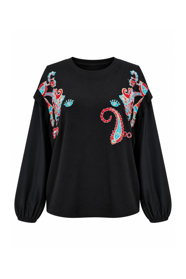 Embroidered Sweatshirt with Elastic Sleeves and Hem