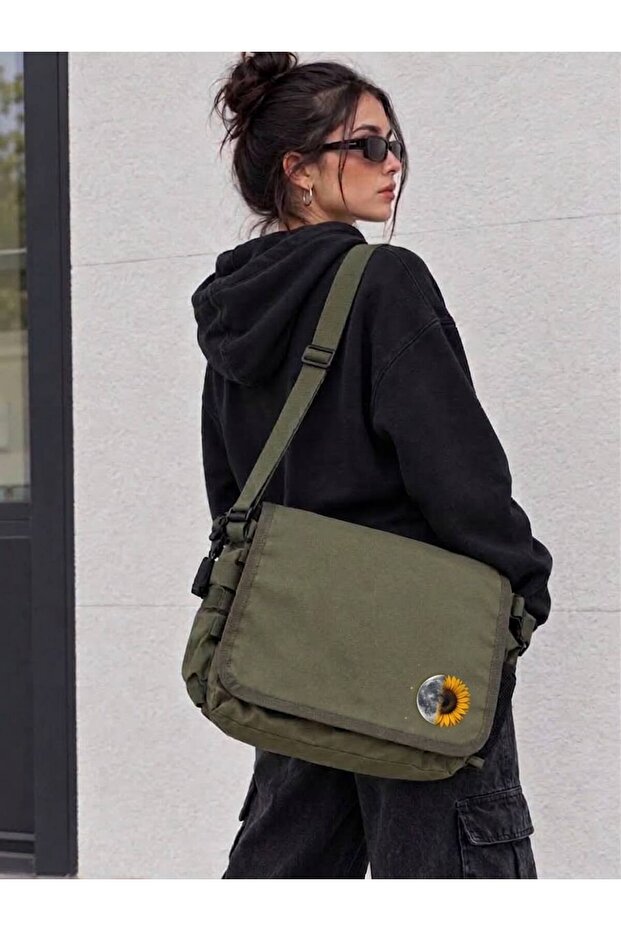 Khaki Green Minimal Moon and Sunflower Printed Messenger Bag with Adjustable Strap