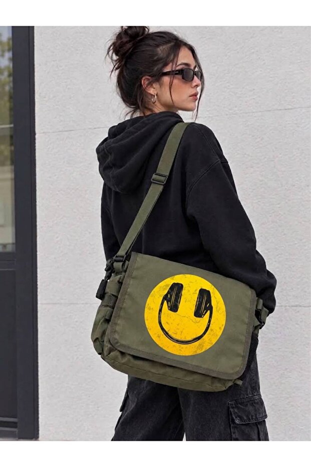 Smiley Face / Smiley Printed Khaki Messenger Bag Cross Shoulder Bag School and Daily Messenger Bag
