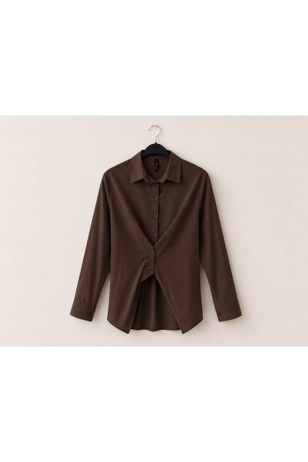Button Detailed Front and Tie Back Shirt - 1712 - Bitter Brown