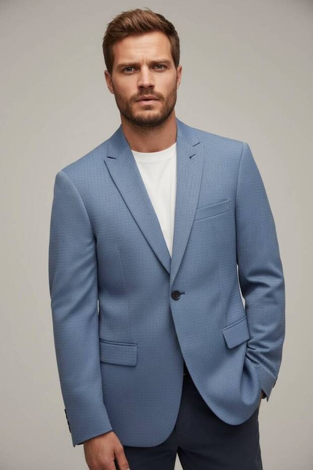 İnterview 100% Wool Textured Fabric Blue Jacket